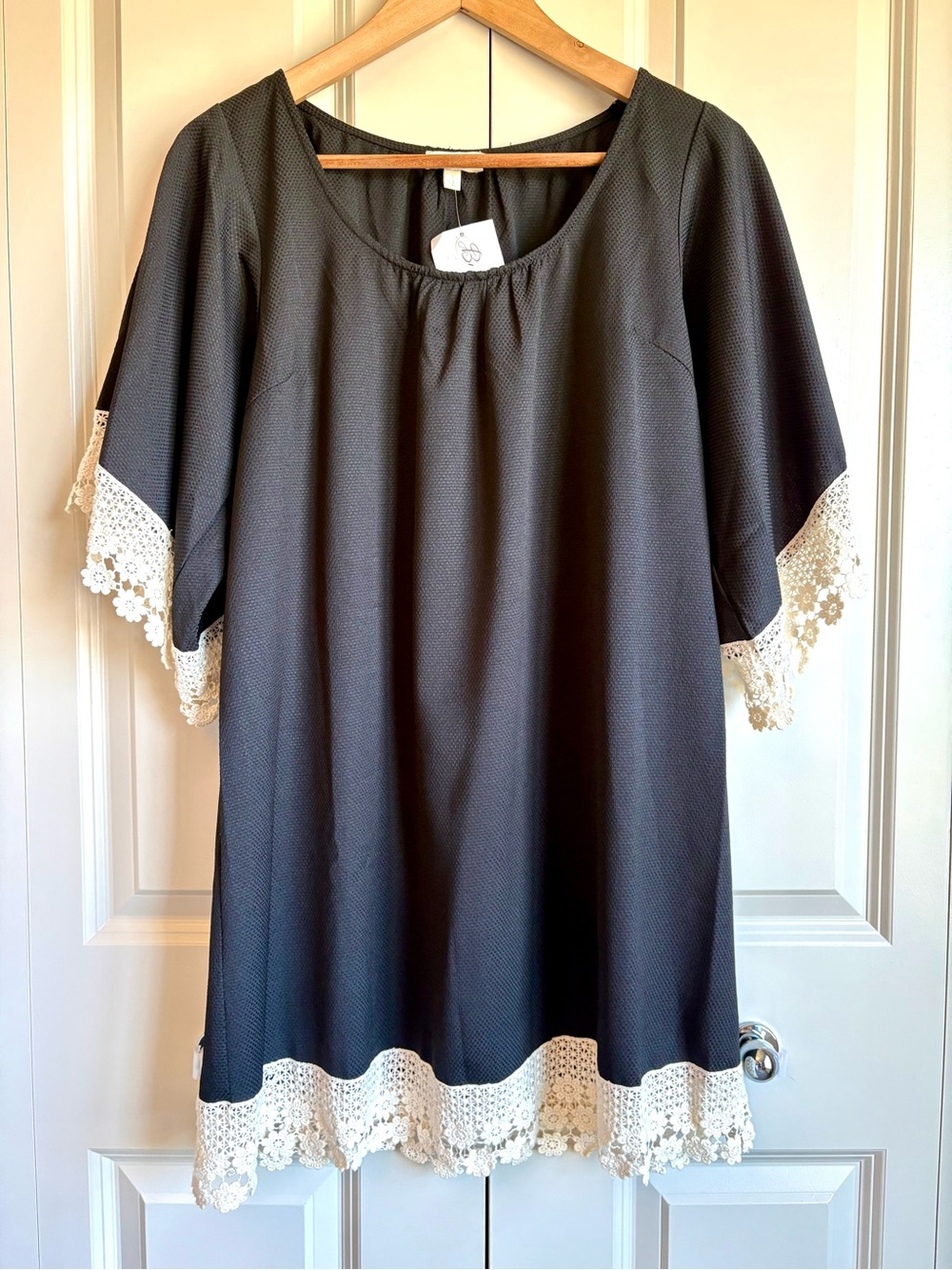 Black Tunic Dress with Ivory Crochet Trim Whimsigoth Cottagecore Boho Romantic S